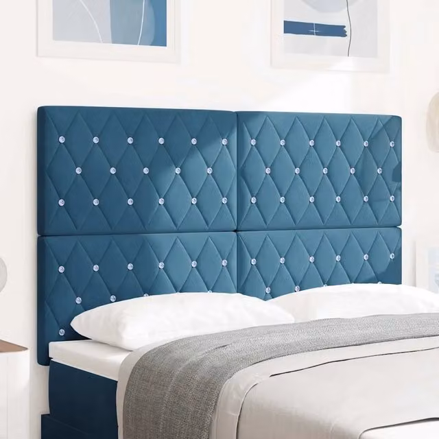 Testiera per letto vidaXL in velluto blu con struttura in legno e design minimalista, Larghezza: 144 cm