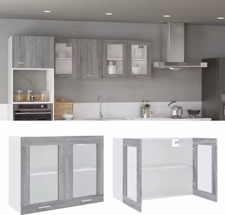 The Living Store Parete attrezzata vetro grigio Sonoma 80x31x60 cm materiale legno