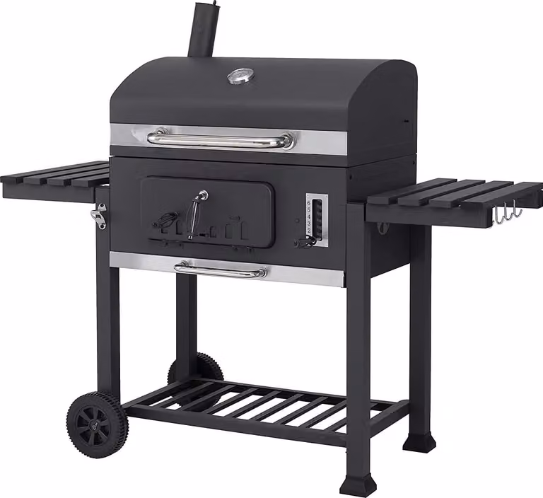 Barbecue a carbonella extra large - Carrello barbecue - Ampia superficie di cottura - Doppia zona di cottura - Vaschetta per il carbone regolabile in altezza - Alluminio pressofuso - Smaltato in porcellana - Tavolino laterale ribaltabile