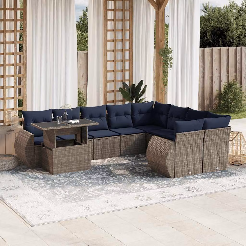 Set di divani da giardino vidaXL in polyrattan grigio con cuscini e tavolino da esterno a forma di U per 10 persone