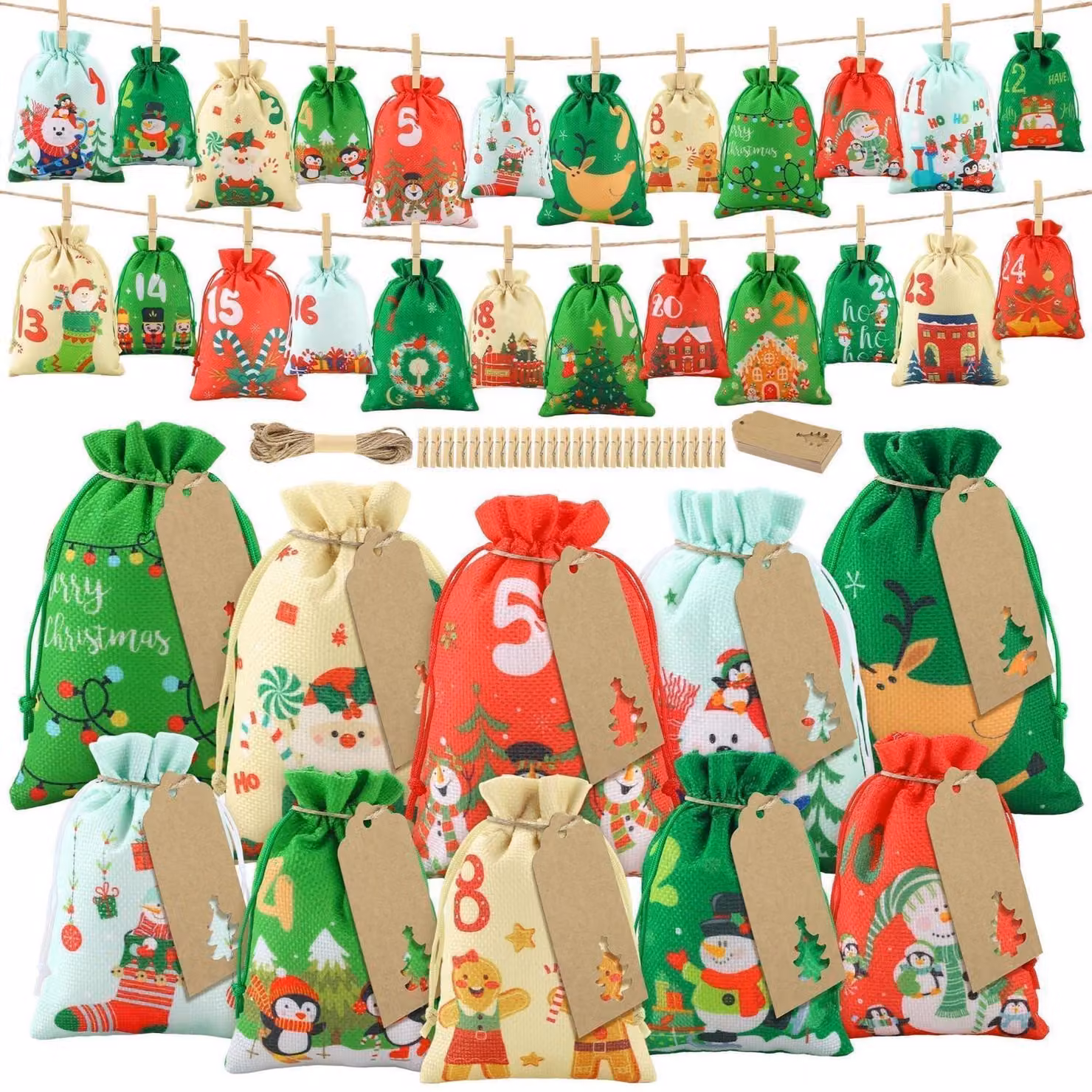 Sacchetti regalo per l'avvento, 24 pezzi, riutilizzabili, in tessuto con coulisse, 2 dimensioni, ideali per decorazioni natalizie fai-da-te