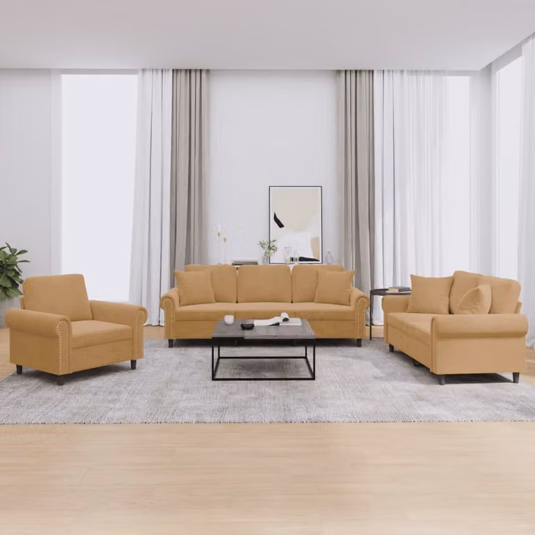 SYFAX™ Set di Divani 3 pz con Cuscini Marrone in Velluto