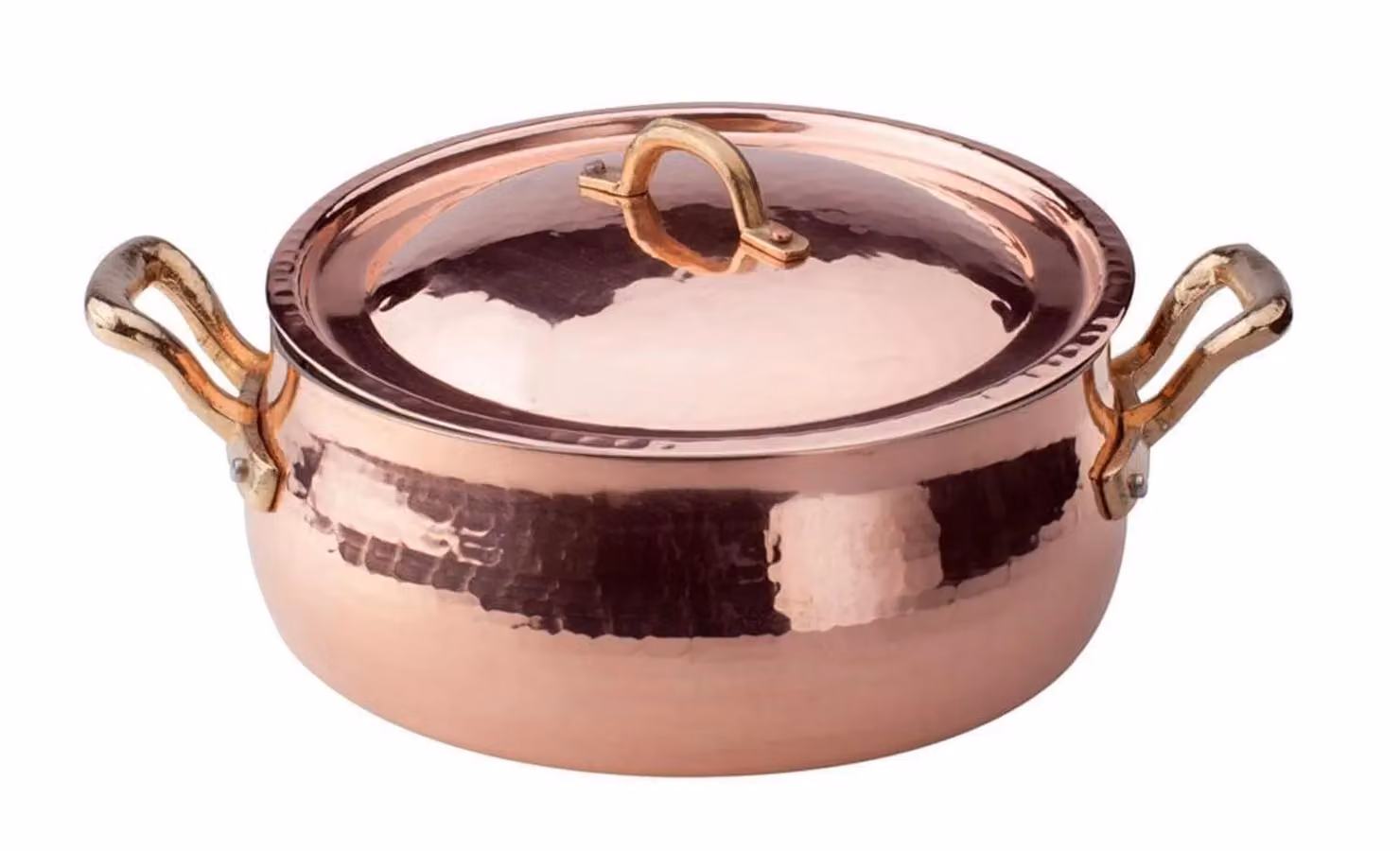 Casseruola Bassa Bombata in rame martellato stagnato a mano 2mm con coperchio, due maniglie in ottone, diam. 28cm