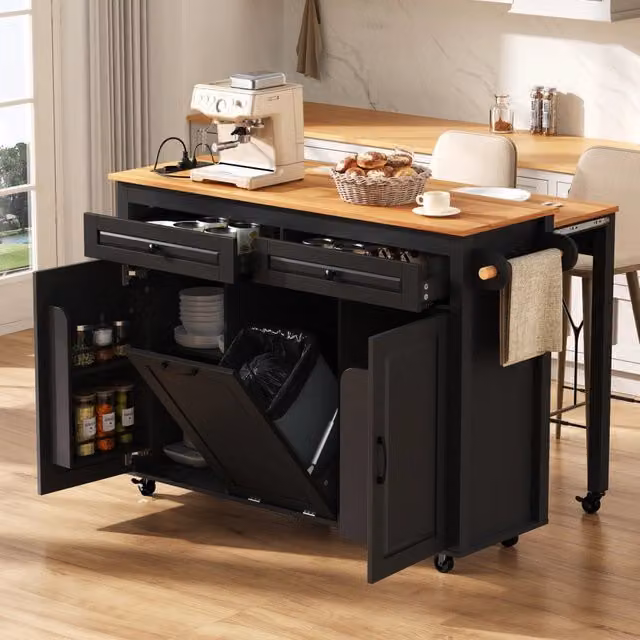 Isola da cucina su ruote con piano estraibile; prese; vano pattumiera e porta salviette; nero; piano da 40 a 75 cm