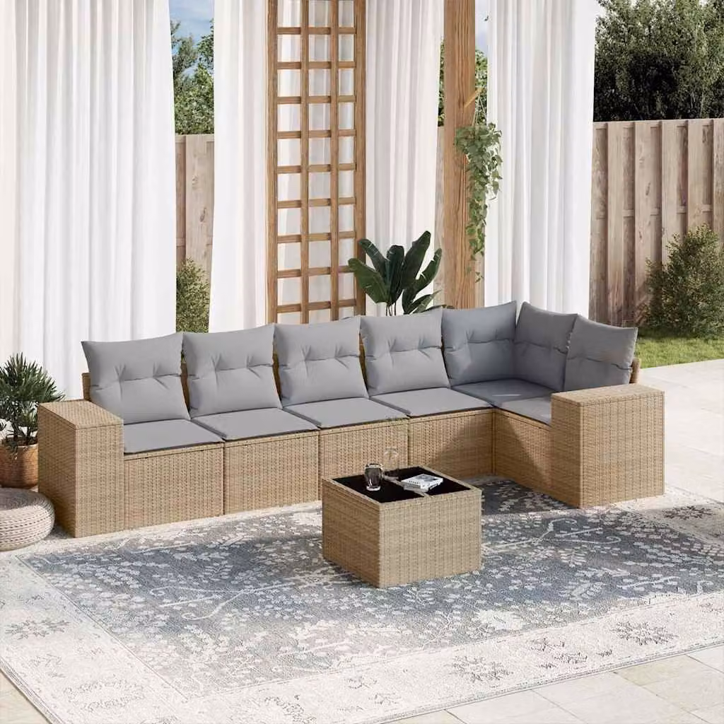 vidaXL Set Divani da Giardino 7 pz a Forma a L in Polyrattan con Cuscini Beige e Grigio – 1