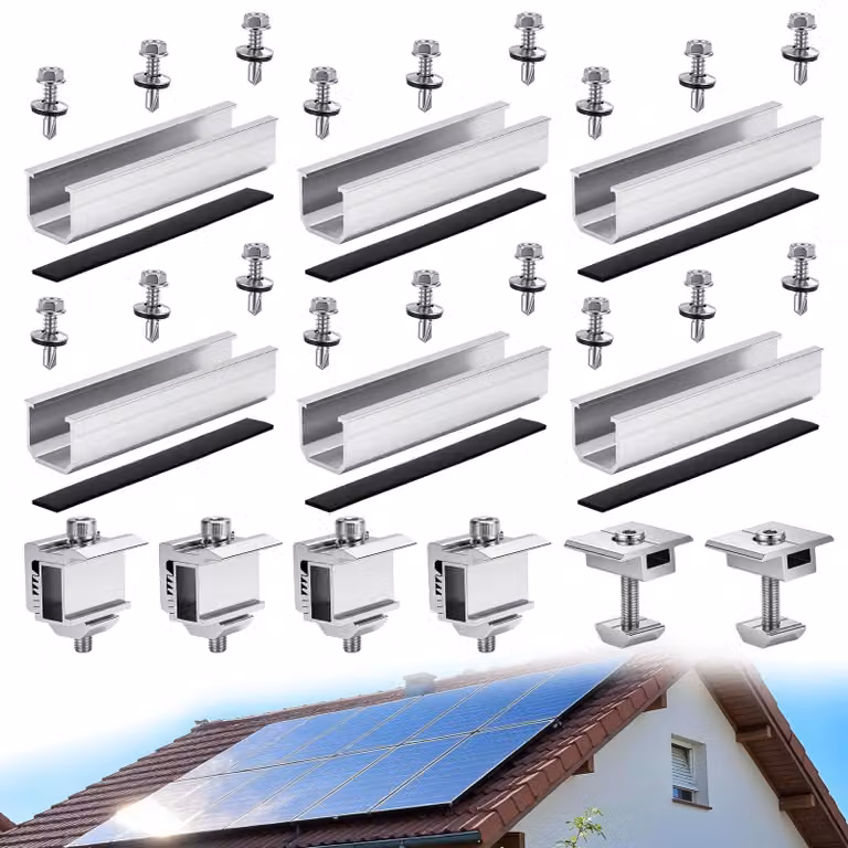 Kit di montaggio per pannelli fotovoltaici, adatto per 2 moduli, con guida in alluminio e morsetti regolabili da 30 a 35 mm