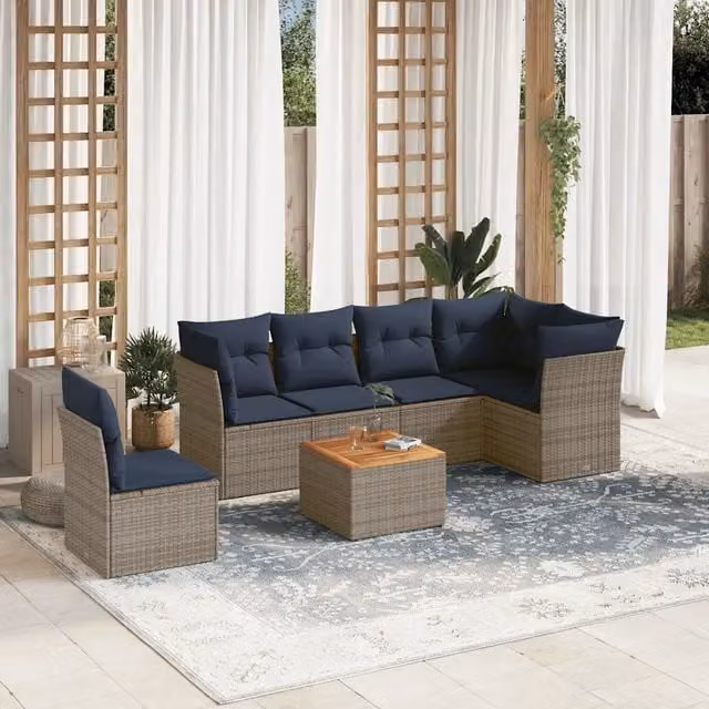 Set Divani da Giardino 7 pz con Cuscini Grigio in Polyrattan 3255998