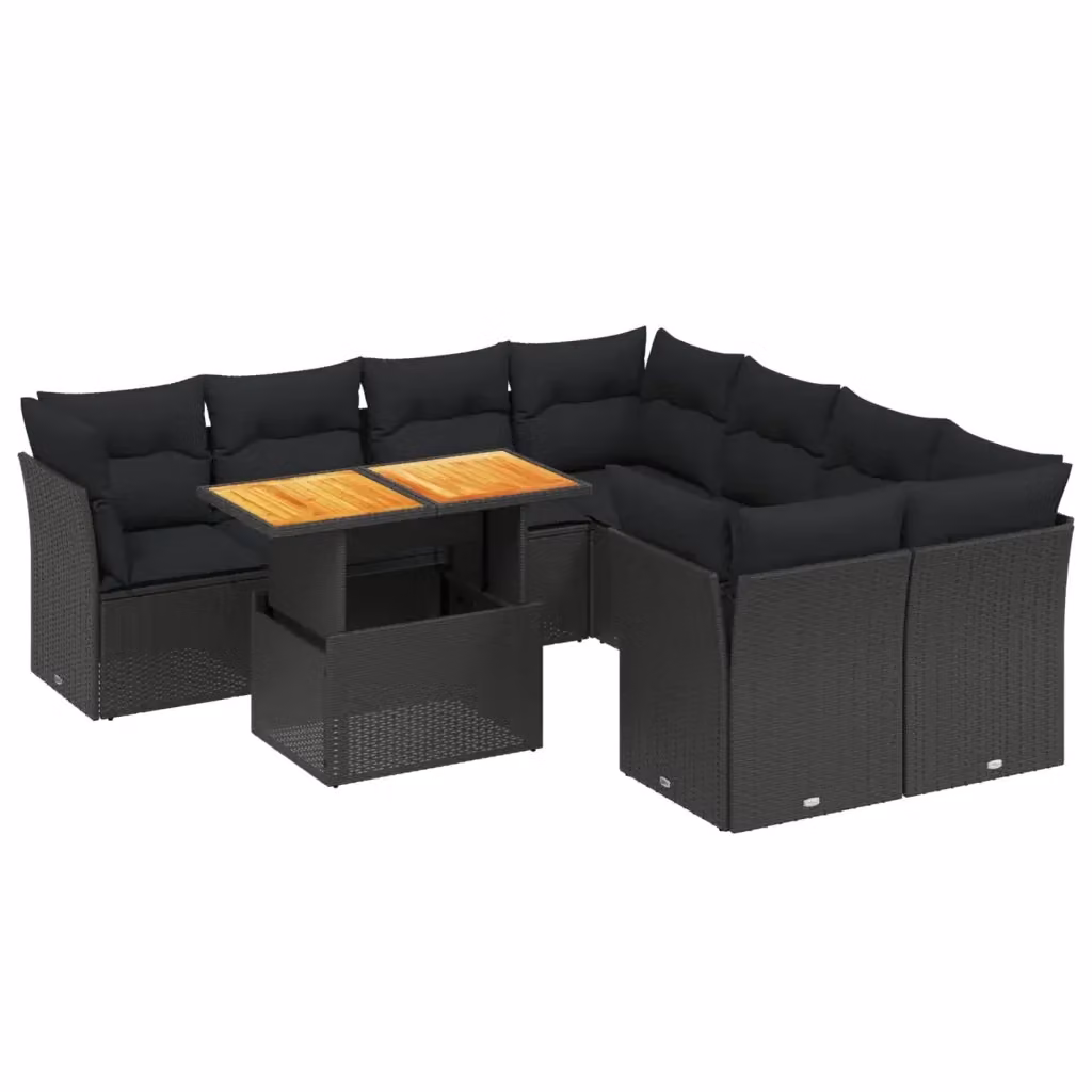 vidaXL Set Divani da Giardino a L 9 pz con Tavolino e Cuscini Nero in Polyrattan e Legno di Acacia – 2