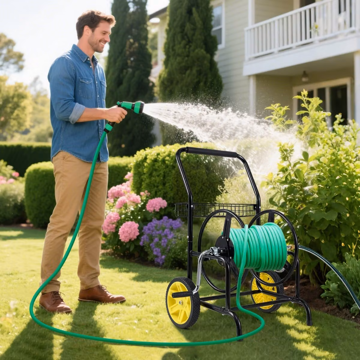 Carrello avvolgitubo da giardino Costway con 2 ruote e cestino portaoggetti Nero