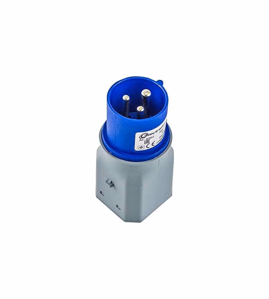 Adattatore industriale Electraline con presa polivalente e spina CEE 2P+T IP20 blu