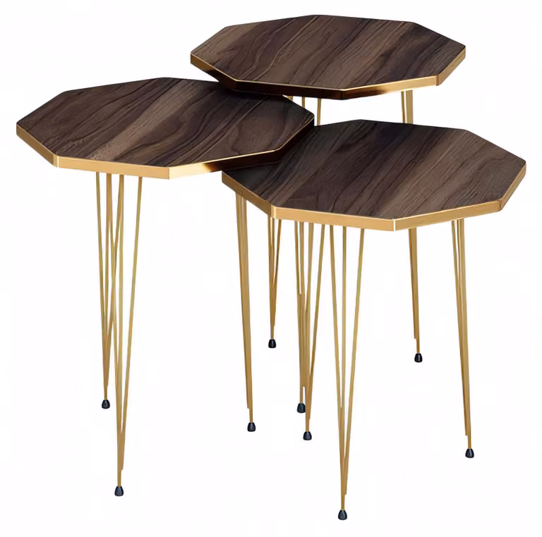 Elegantes braunes Couchtisch-Set aus Holz und Edelstahl