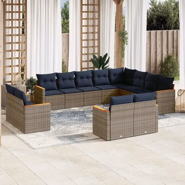 Set di Divani da Giardino vidaXL a Forma di U in Polyrattan con Cuscini Blu e Grigio