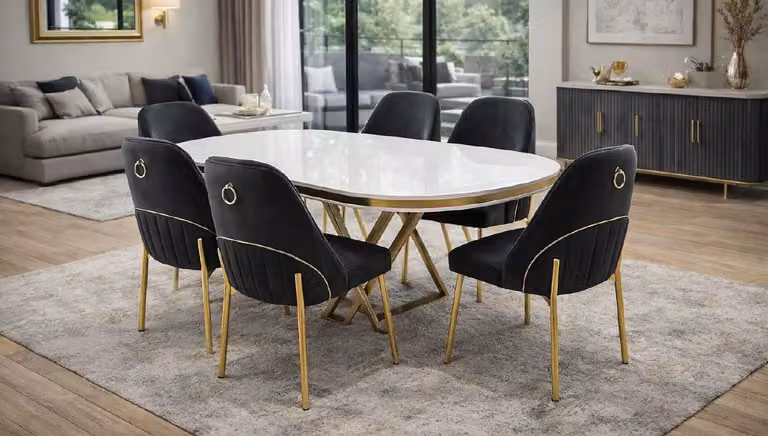 Tavolo da pranzo con 6 sedie, stile moderno, bianco, ovale, confortevole e pratico