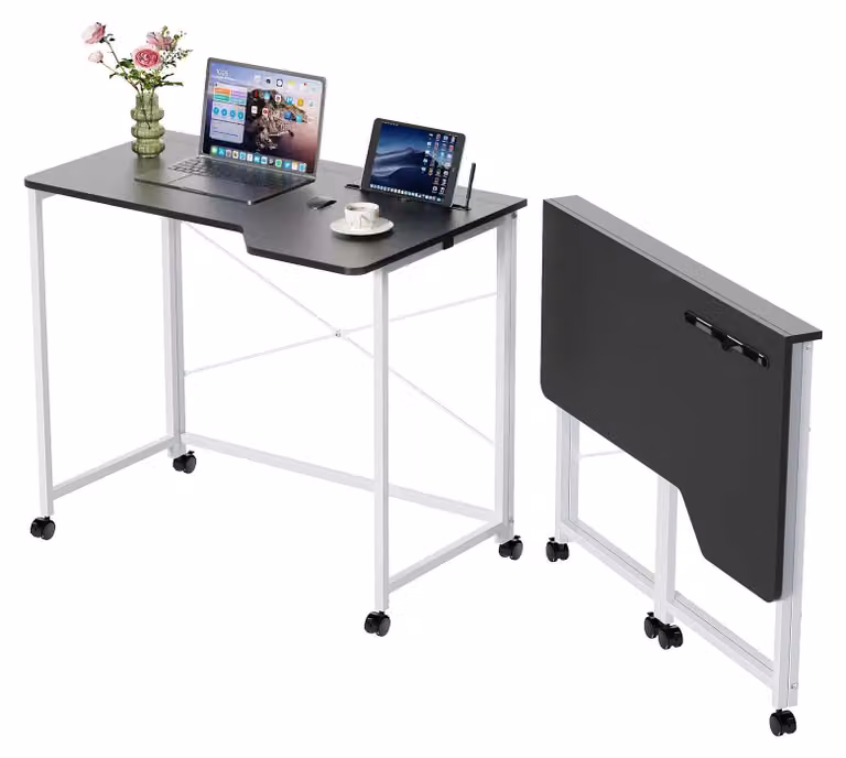 Scrivania pieghevole - Scrivania per computer e laptop - 90x56x75 cm - Con rotelle - In legno - Salvaspazio, ideale per piccoli ambienti - Colore: nero