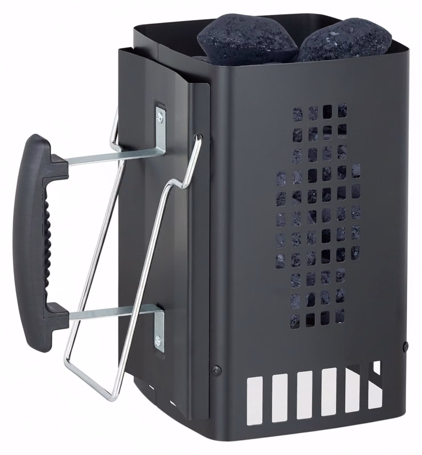 Relaxdays - Camino di accensione per barbecue, con manico di sicurezza e staffa di sostegno, D x L x A: 27 x 28 x 17 cm, ausilio per l'accensione del carbone da barbecue, nero