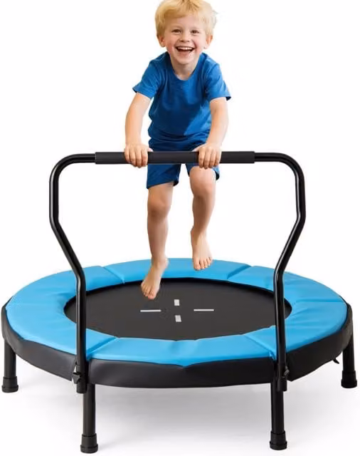 Mini trampolino per bambini con cuscino di sicurezza blu per uso interno ed esterno