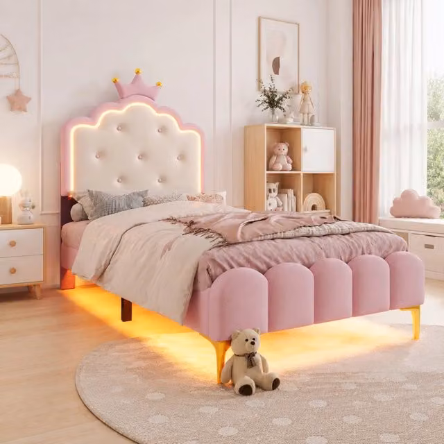 Letto singolo principessa rosa 90x200 cm in PU con LED regolabile e rete a doghe