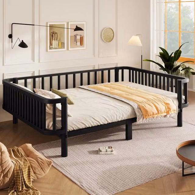 Letto da giorno in metallo nero 140x200 cm con rete a doghe in acciaio