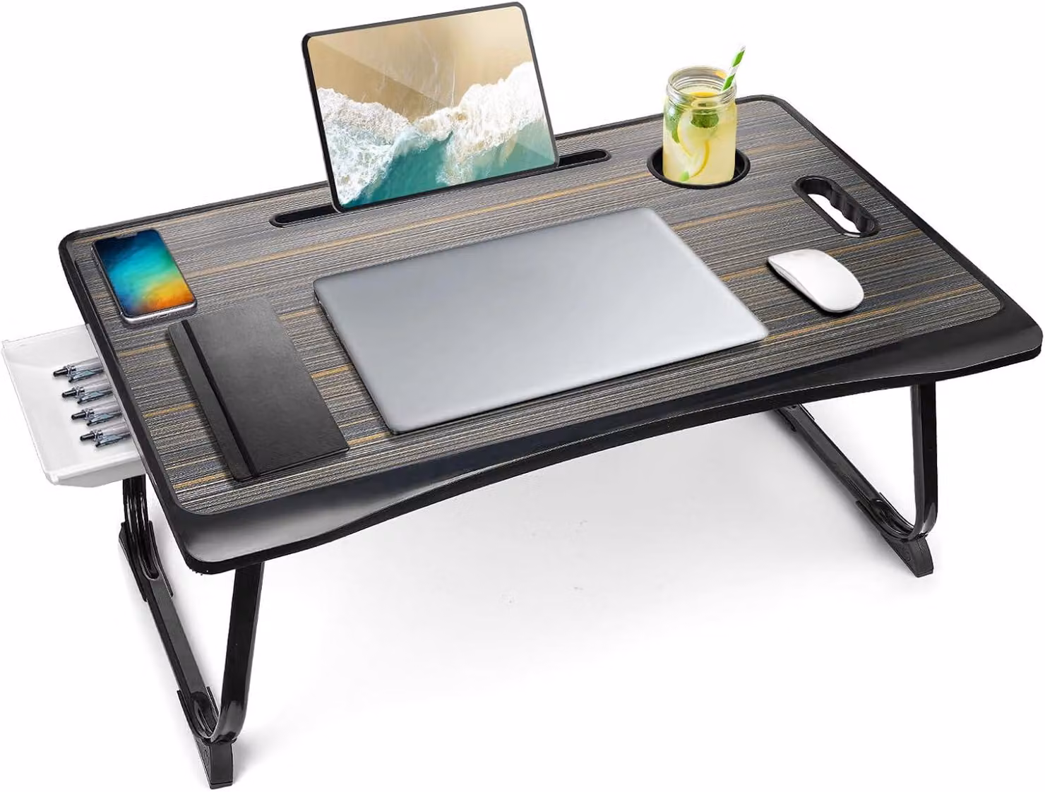 Tavolino pieghevole per laptop, con cassetto e portabicchieri, ideale per l'uso a letto