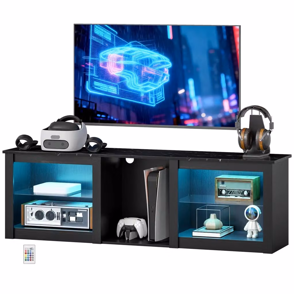 Mobile TV Minimal con illuminazione LED integrata per televisori fino a 70 pollici, nero e vetro, L: 160 cm – 2
