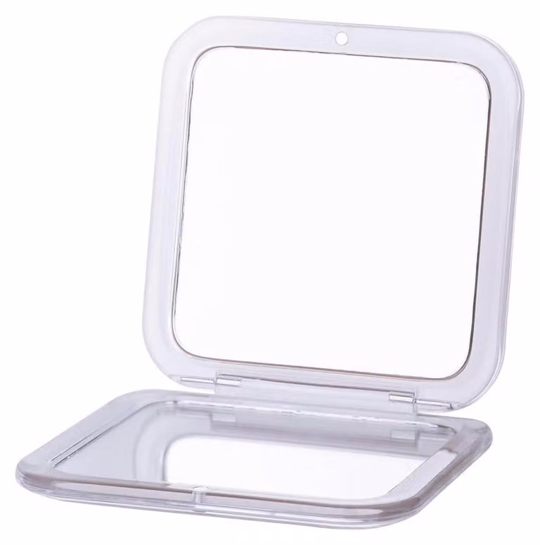 Specchio da trucco compatto a forma quadrata, dimensioni 8,5 x 8,5 cm, colore bianco puro, con superficie riflettente su entrambi i lati