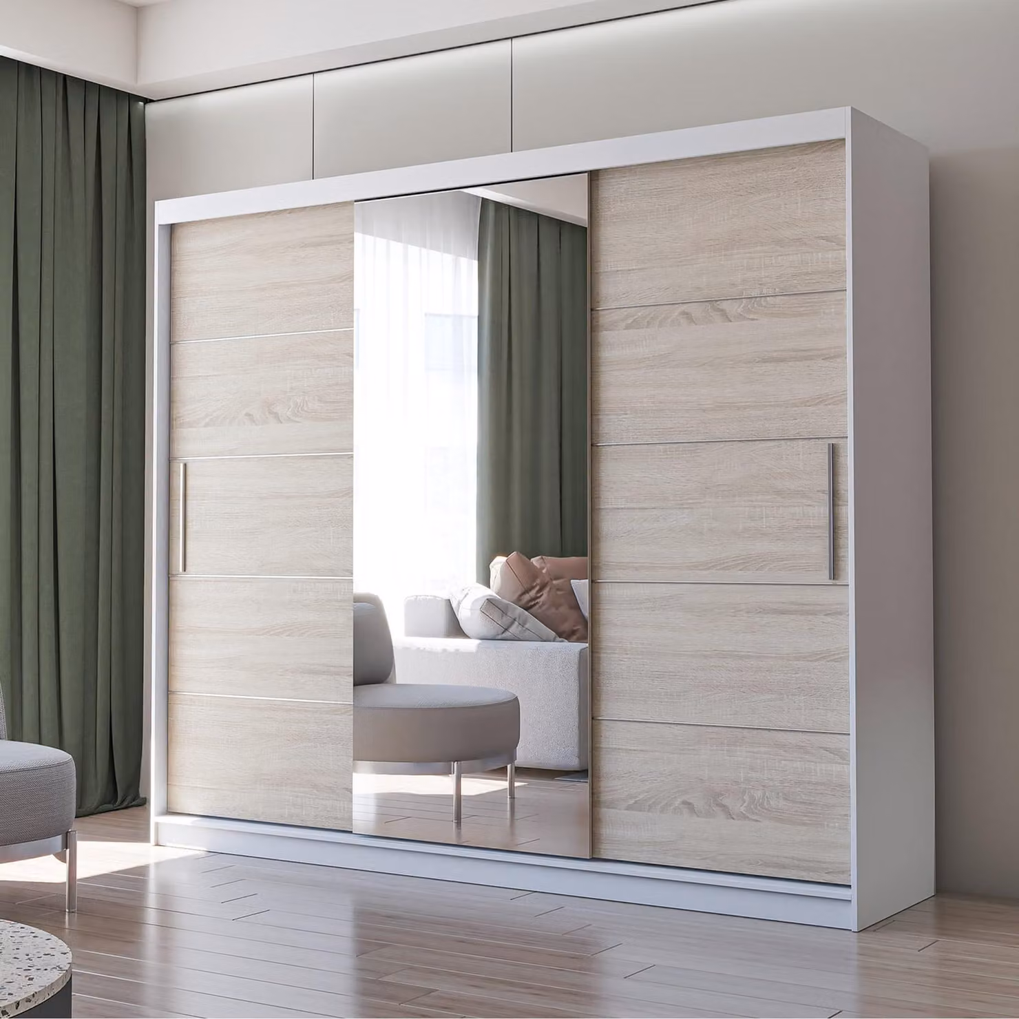 Armadio ad ante scorrevoli Armadio 250cm Bianco/Sonoma con specchio Alba