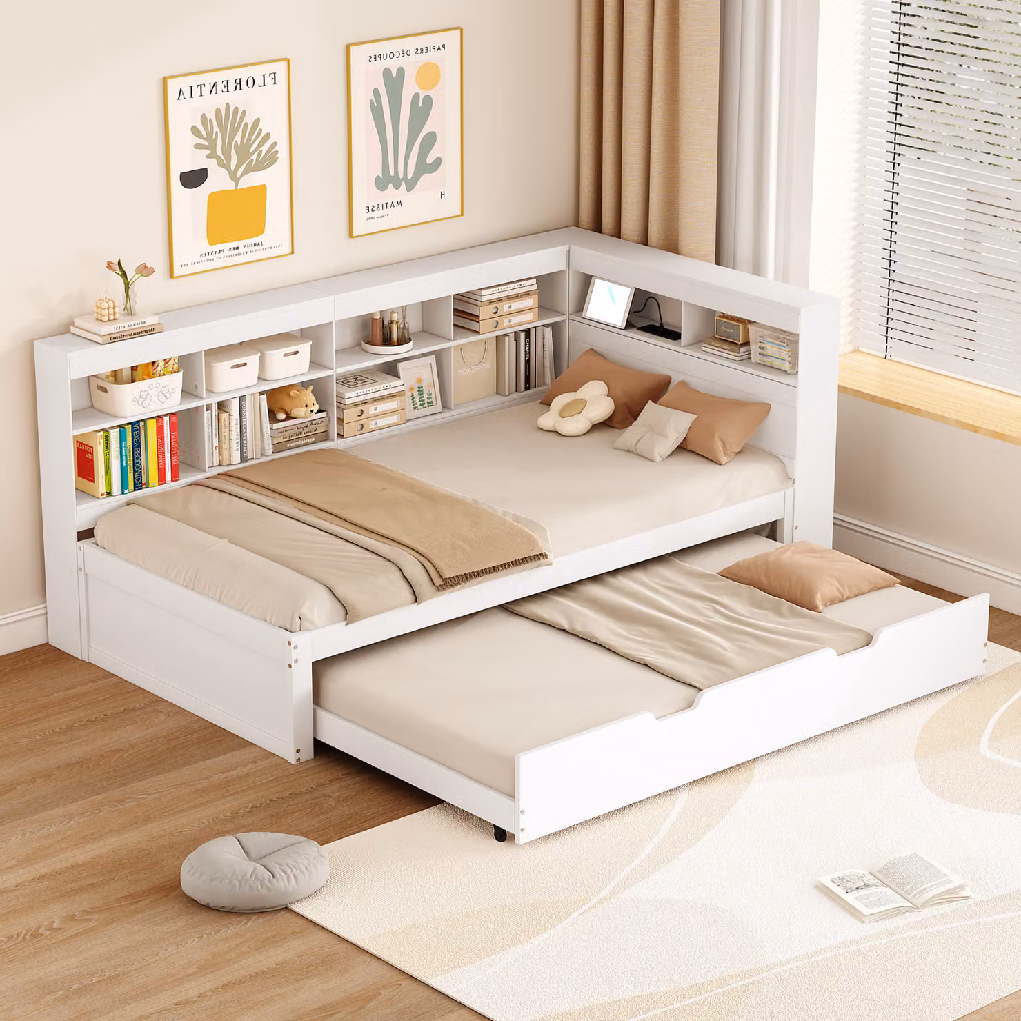 okwish Divano letto, letto da giorno 90x200 cm con letto inferiore estraibile 90x190 cm e griglia, letto da giorno per ospiti con USB e diversi vani portaoggetti (senza materasso) - bianco