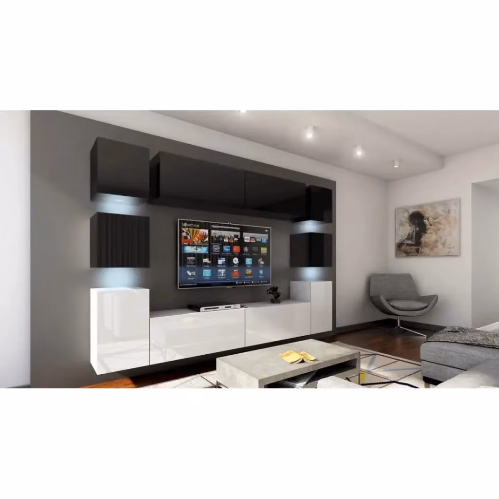 Set di mobili da soggiorno sospesi Meublorama collezione CEPTO con illuminazione LED integrata, parte superiore nera e parte inferiore bianca, 10 pezzi, L: 256 cm – 2