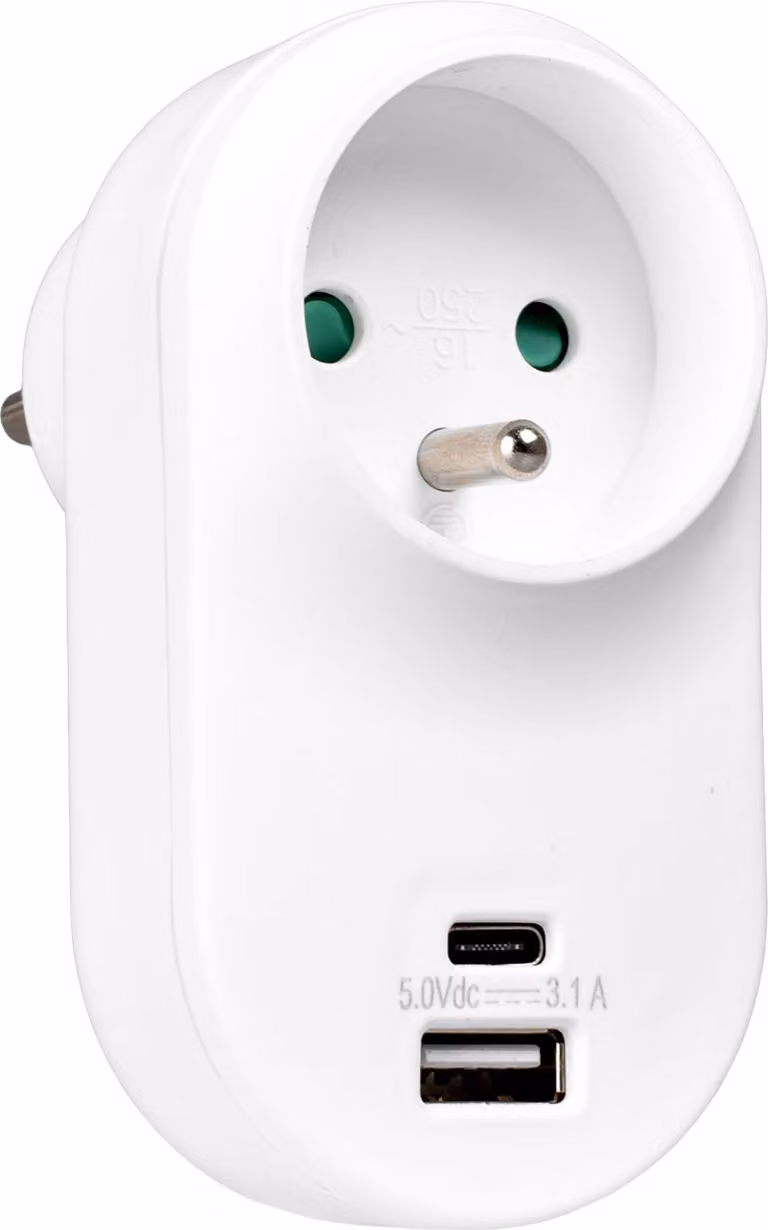 Vayox VA0360 Adattatore presa 1 scomparto 2P+0 francese + USB-A 2.4A + USB-C 3.0A, bianco