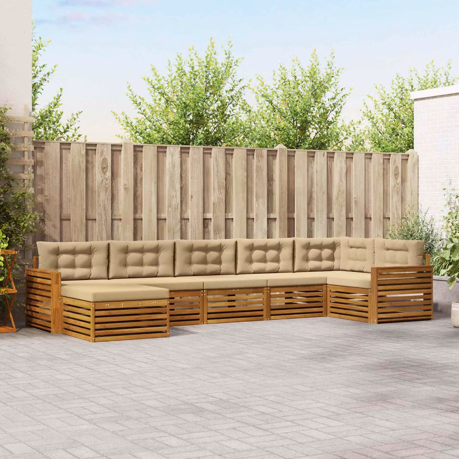 Set di divani da esterno vidaXL 7 pz in legno di acacia con cuscini, beige e sabbia