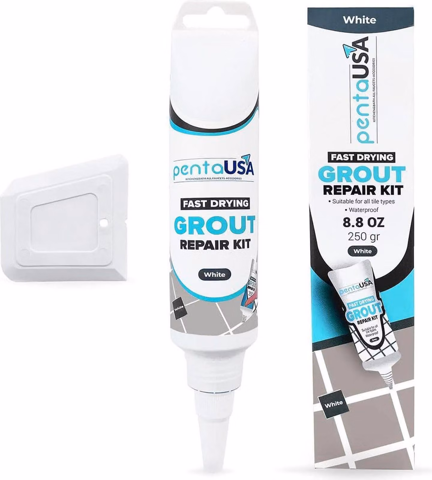 Kit di riparazione delle fughe per piastrelle PentaUSA, grigio, riempitivo per fughe, tripla protezione, asciugatura rapida, rinnova le linee di stuccatura, 250 g.