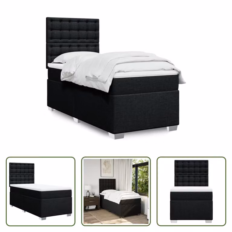 The Living Store Letto a molle con materasso nero 80x200 cm in tessuto