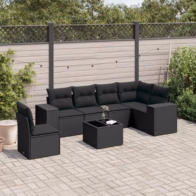 Set Divani da Giardino a L vidaXL in Polyrattan Nero con 7 Cuscini e Tavolino da Esterno