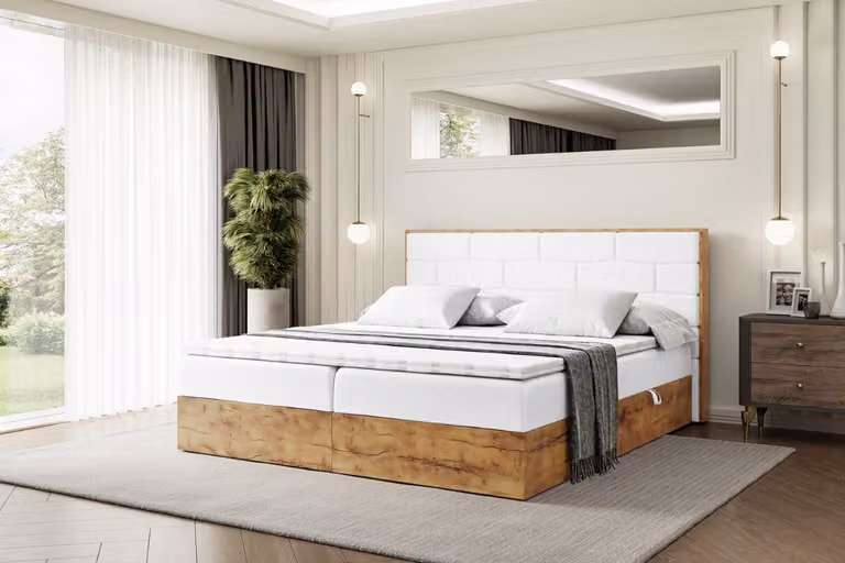 Letto boxspring ALTDECOR LOLLI8 con materasso H4 + topper, testiera e contenitore in legno - 200x200 - Pelle finta bianca