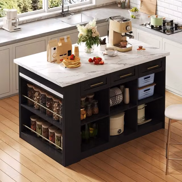 Carrello da cucina con tavolo estraibile, 6 cassetti e ripiani regolabili, per cucina, nero, 150 × 90 × 90 cm