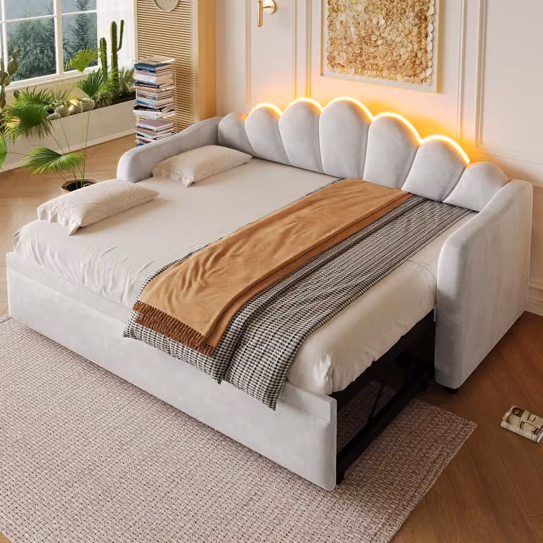 Letto singolo per bambini MODFU 90x200 con illuminazione a LED, struttura letto trasformabile in divano letto con funzione estraibile. Adatto alla cameretta dei bambini, con materasso. Colore: grigio