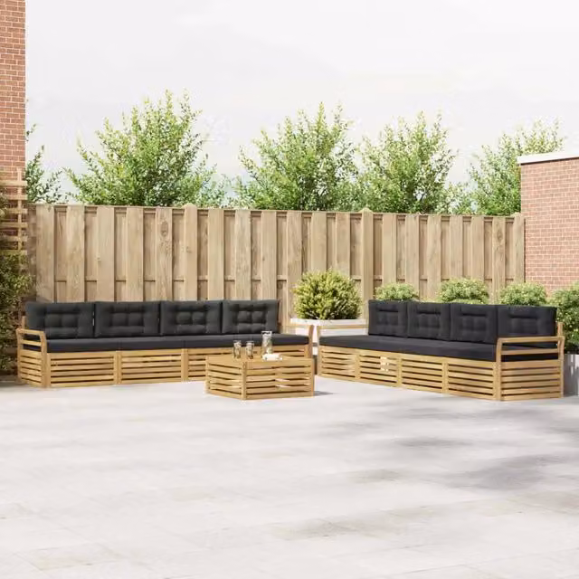 Set di mobili da giardino vidaXL composto da divano a 3 posti, poltrone e tavolino da caffè in legno di acacia con cuscini bianchi e antracite