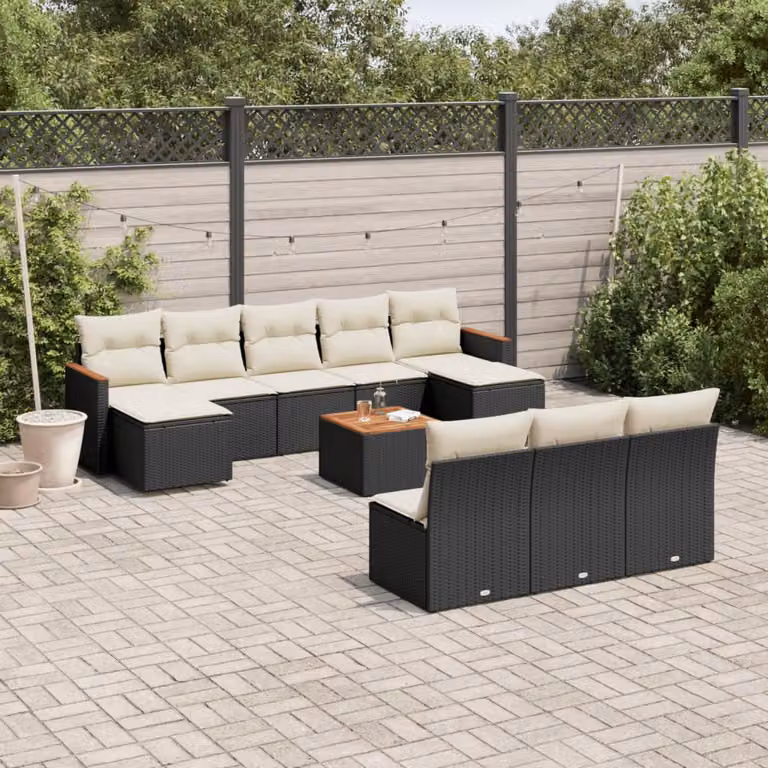 vidaXL Set Divani da Giardino 11 pz in Polyrattan Nero con Cuscini e Tavolino da Esterno a Forma di U