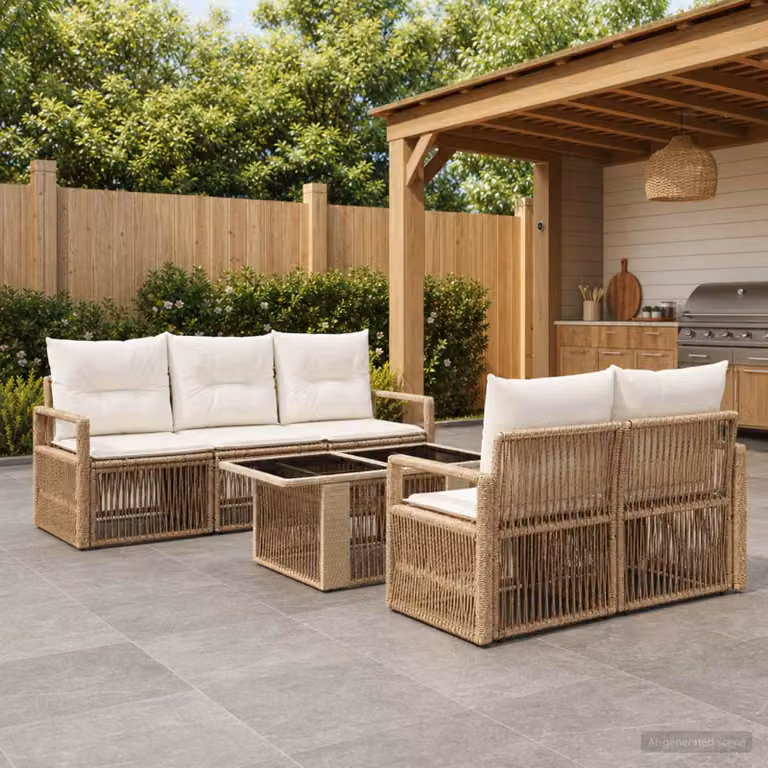 Set Divano da Giardino vidaXL 6 Pezzi in Polyrattan con Tavolino, Colore Beige e Bianco, Design Moderno a L con Cuscini Inclusi