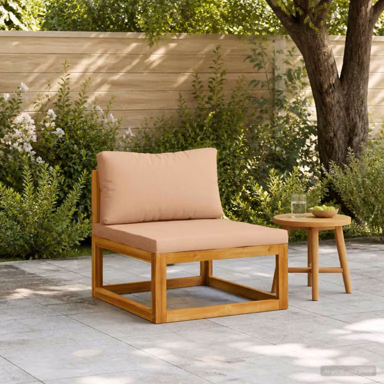 Divano centrale componibile vidaXL in tessuto beige con cuscini e struttura in legno di acacia