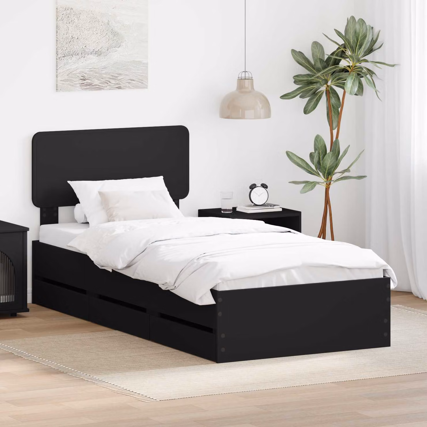 Struttura letto moderna vidaXL in legno ingegnerizzato nero con cassetti L: 90 cm, P: 200 cm, H: 206 cm
