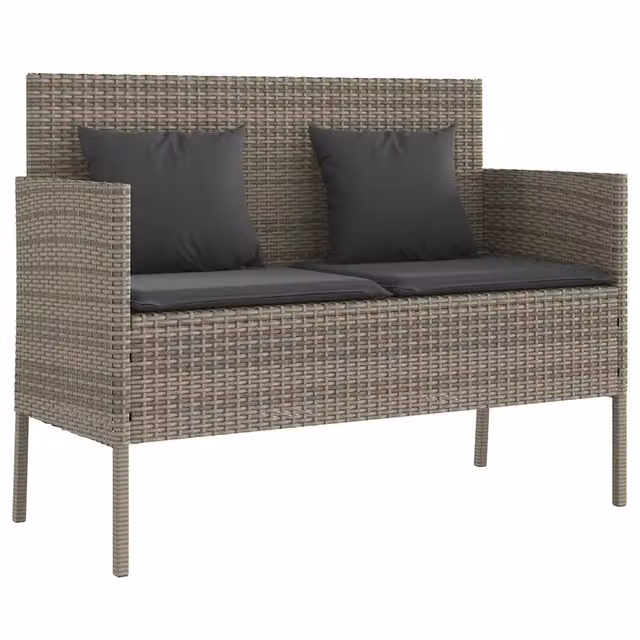 Panchina da giardino moderna in polyrattan grigia con cuscini e braccioli L: 113 cm, P: 61 cm, H: 87 cm