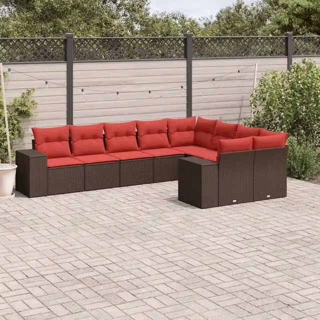 Set Divani da Giardino 9 pz con Cuscini Marrone in Polyrattan 3223043