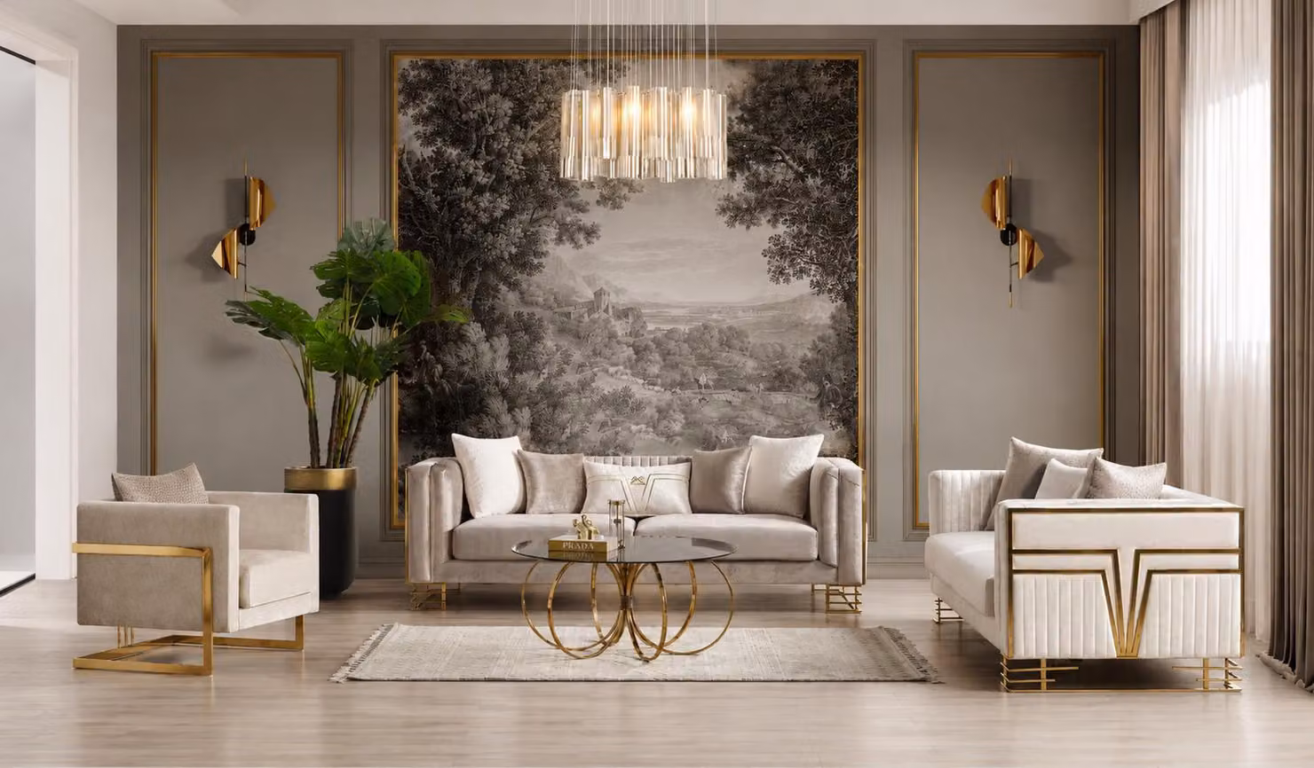 Beiges Sofa-Set 3Sitzer Sofa Sessel Modern Wohnzimmer Bequem Hochwertig