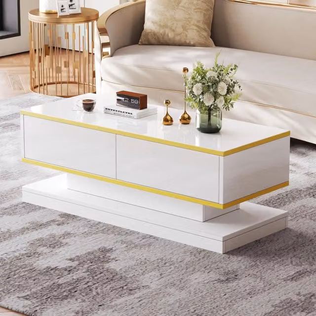 Tavolino da salotto 100 x 50 x 38 cm lucido, bianco caldo con bordo oro, 2 cassetti