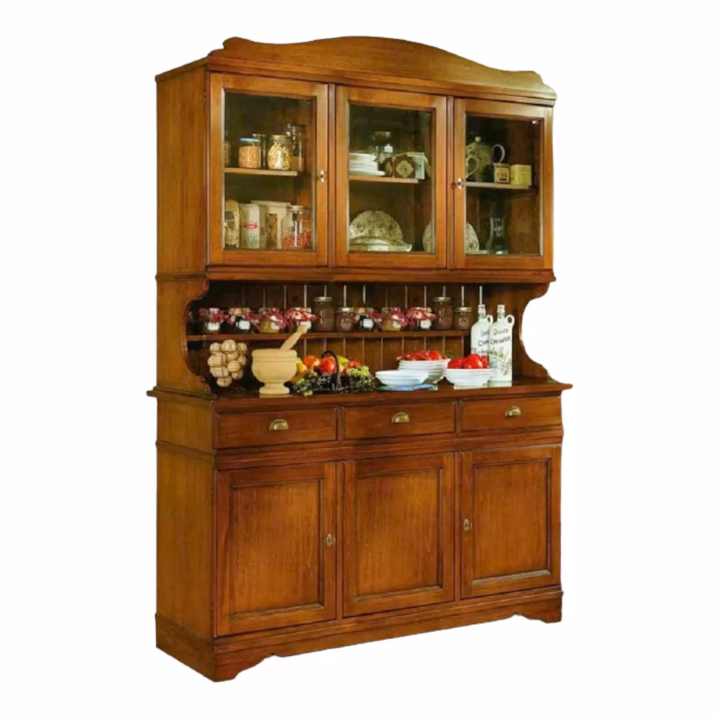 Cristalliera in legno massello Mobili 2G con 6 ante e 3 cassetti, colore noce, L: 155 cm, P: 52 cm, H: 213 cm – 2