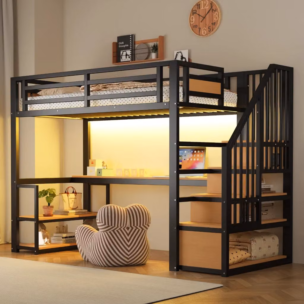 Letto a soppalco singolo MIVRAY nero con scala contenitore, scrivania, ripiani, illuminazione LED e porta USB, L/P/H: 200 x 90 x 170 cm – 2