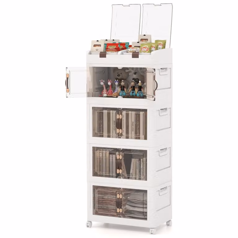 COSTWAY Contenitori pieghevoli con coperchio, confezione da 4 scatole di plastica impilabili con ruote, armadio a rotelle pieghevole con porte magnetiche ad apertura frontale e capacità di 210 L, bianco