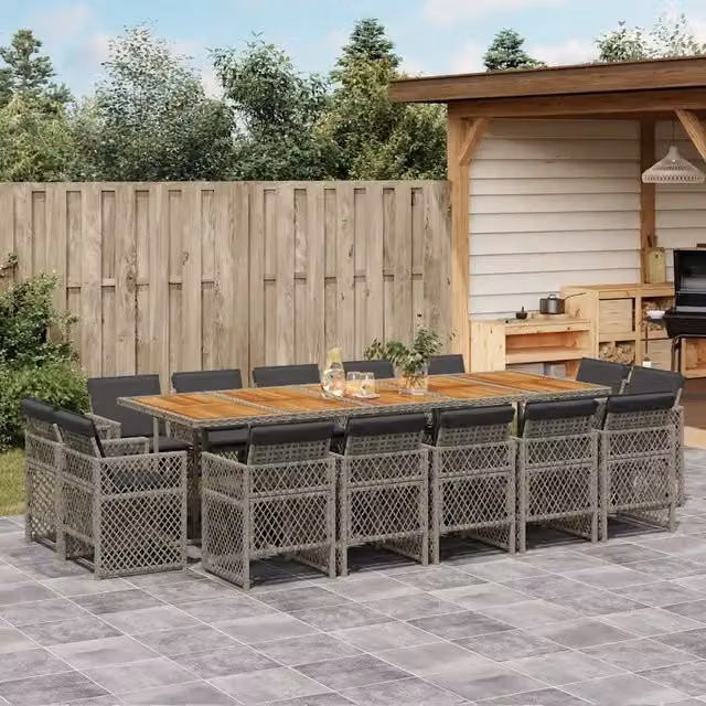 Set da pranzo da giardino vidaXL in polyrattan e legno di acacia, 15 pezzi, grigio e marrone – 1