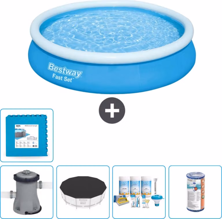 Bestway piscina gonfiabile rotonda ad ambientazione rapida - 366 x 76 cm - blu - inclusa copertura della pompa - pacchetto manutenzione - filtro - piastrelle per il pavimento